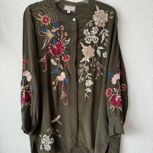 Johnny Was Freja Voyager Embroidered Silk Tunic, size XL